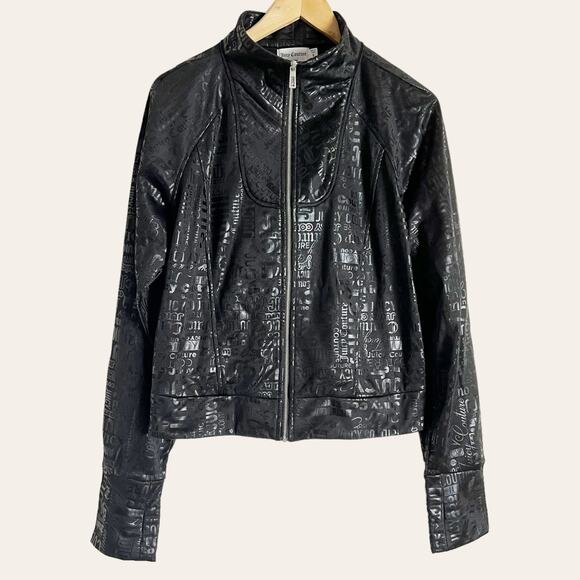 Juicy Couture Black Embossed Logo Print Zip Up Mock Neck Moto Jacket Size XL - Picture 1 of 7
